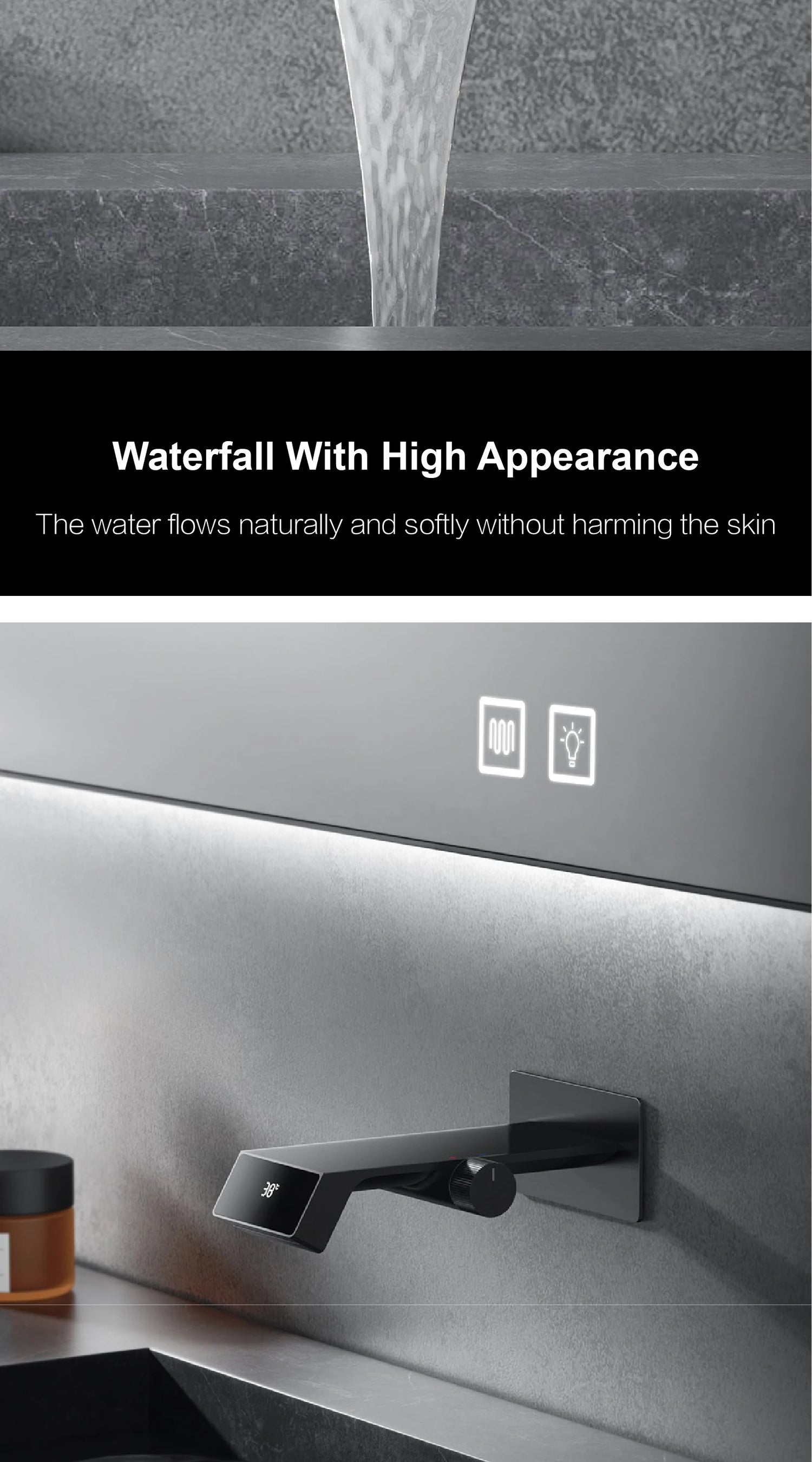 Luxury gun gray brass bathroom faucet LED digital display design, hot and cold water in wall type single handle basin faucet