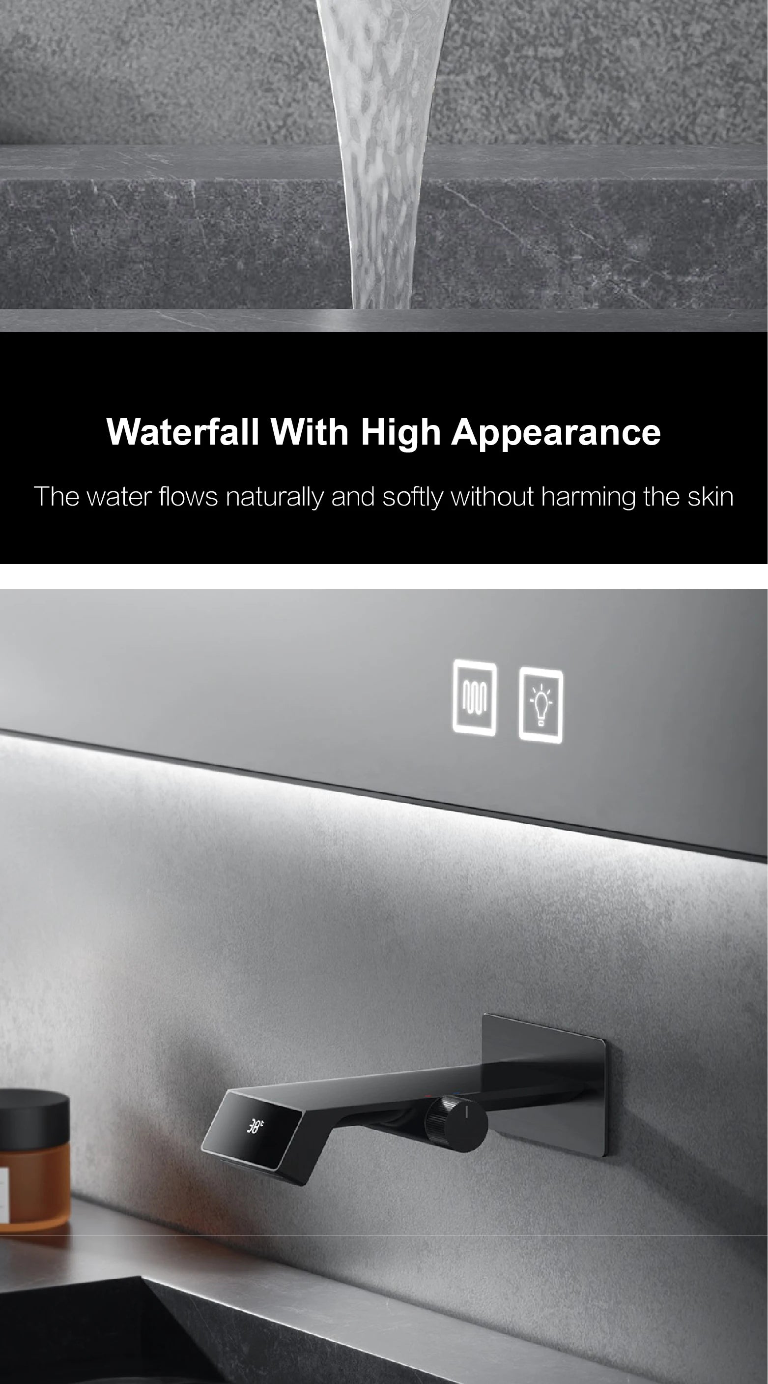 Luxury gun gray brass bathroom faucet LED digital display design, hot and cold water in wall type single handle basin faucet