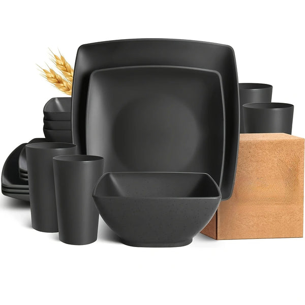 16/32Pcs Plastic Square Dinnerware Set Dishwasher Safe Microwave Safe Space-Saving  Includes Dinner Plates Salad Snack Bowls