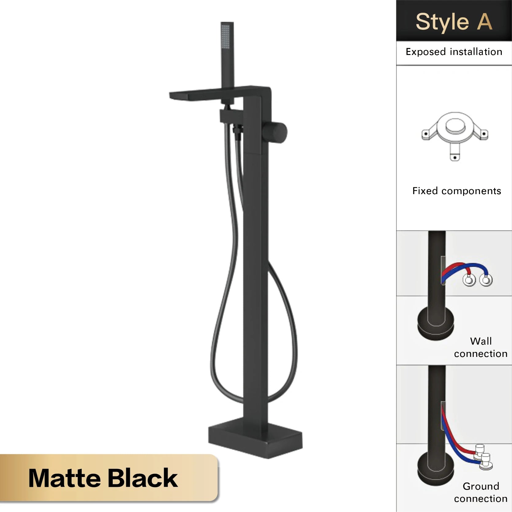 Luxury Black Brass Bathroom Faucet Floor standing Design Single Handle Hot and Cold Water Embedded Design Simple Bathtub Mixer