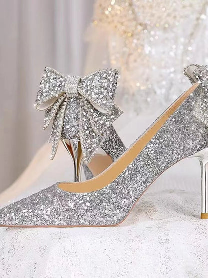 Silver Crystal Soft Leather High Heels Women&