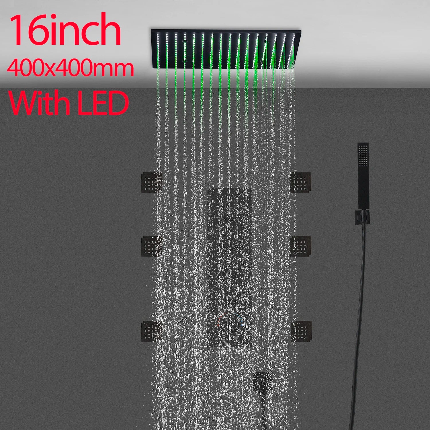 Luxury 16/20 Inch 400/500mm Rainfall Mist Spray LED Shower Head Set Constant Temperature Valve Mixer With Side Massage Jets