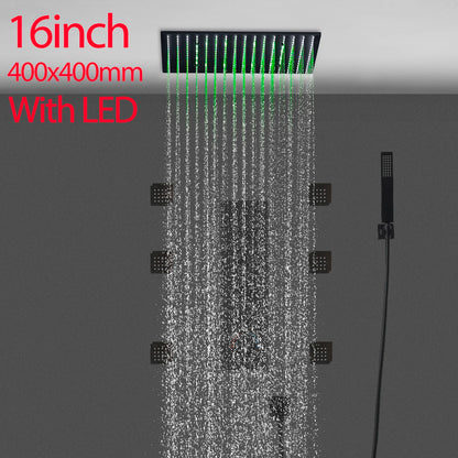 Luxury 16/20 Inch 400/500mm Rainfall Mist Spray LED Shower Head Set Constant Temperature Valve Mixer With Side Massage Jets