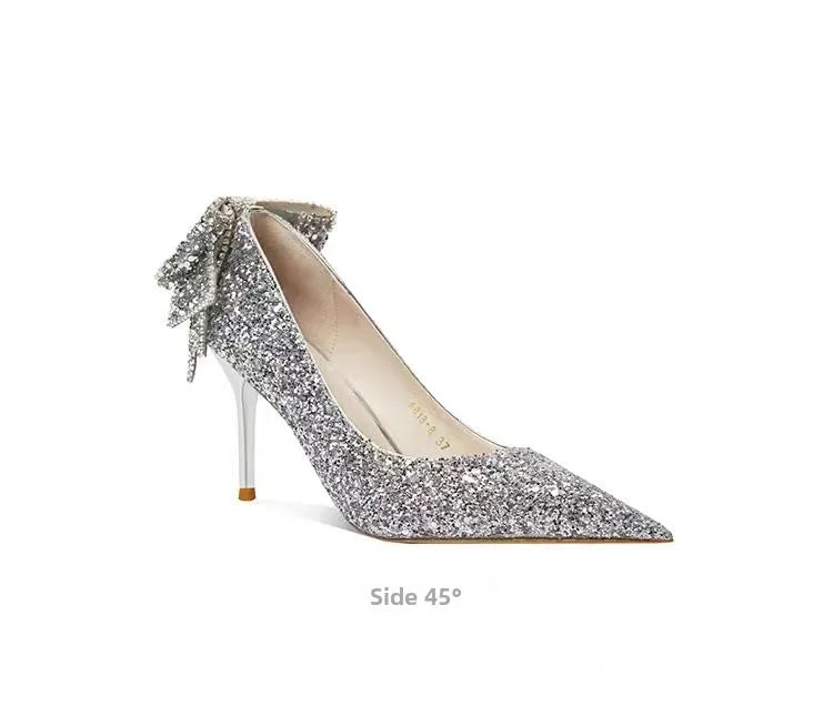 Silver Crystal Soft Leather High Heels Women&