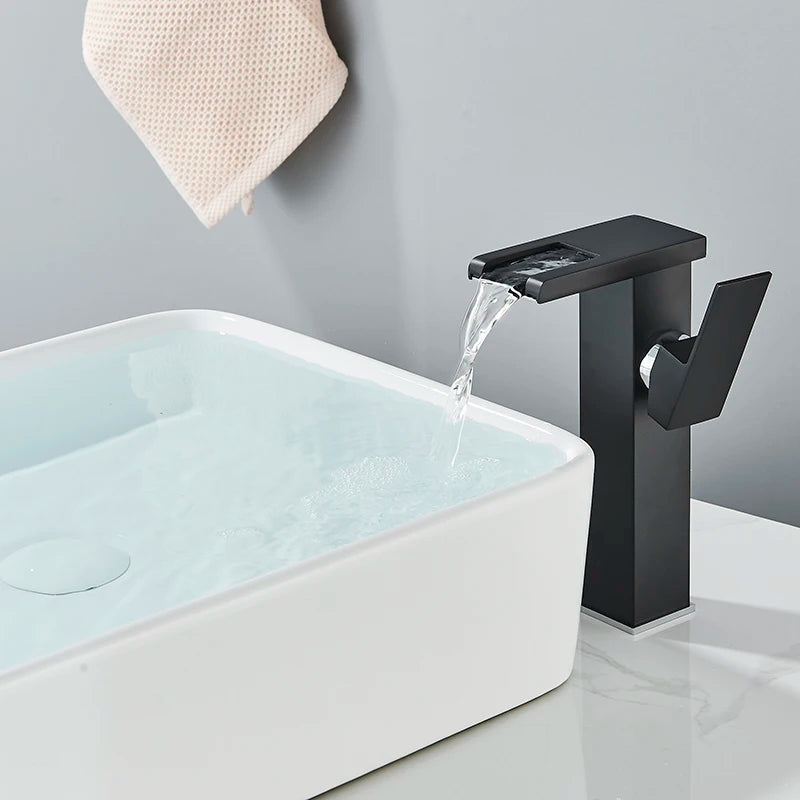 Luxury LED Black Basin Faucet Tall And Short Tap Bathroom Single Handle Cold and Hot Water Flow Produces Electricity
