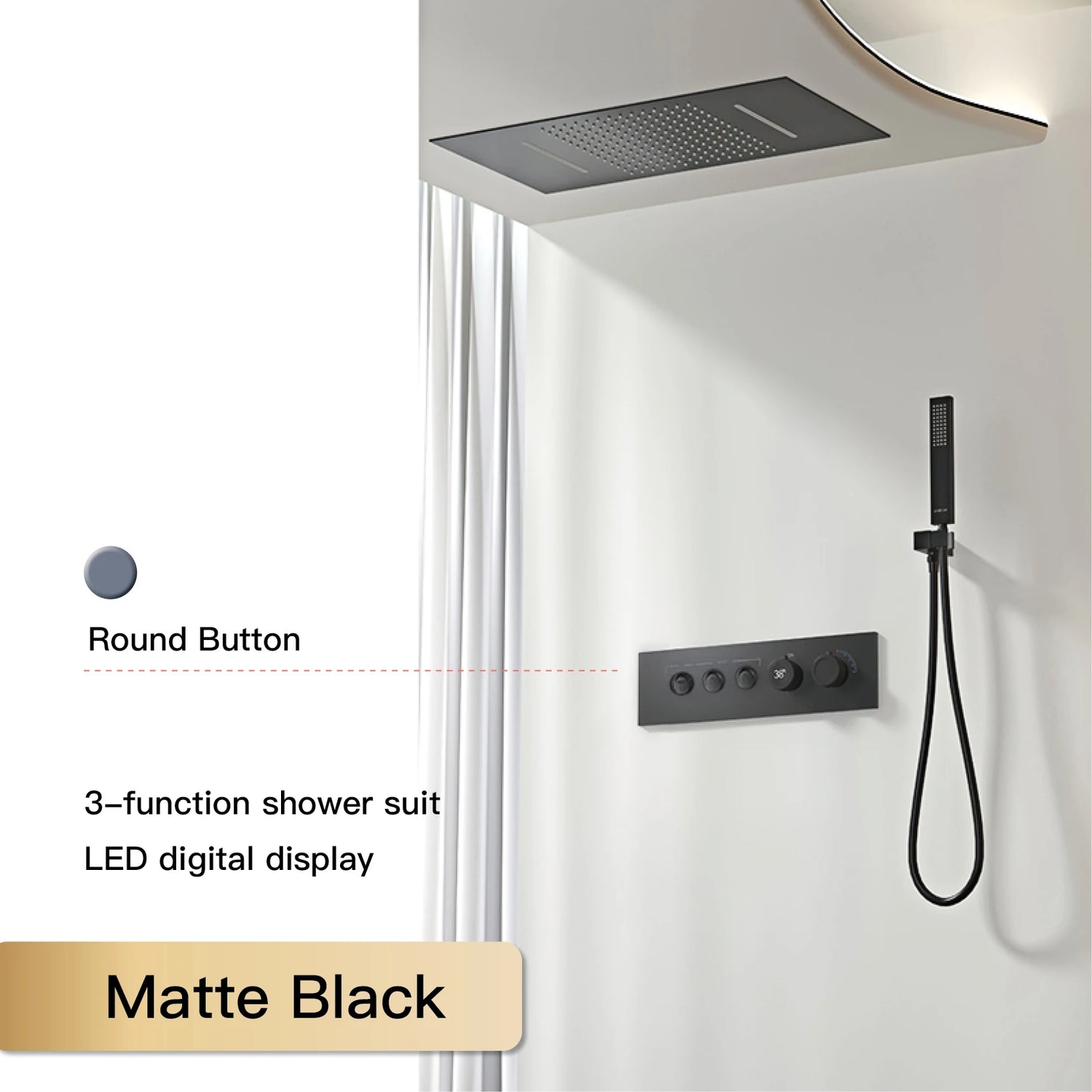 Luxury  black brass shower system wall-mounted LED digital display design Cold &amp; hot dual-control 4-function ceiling shower Tap