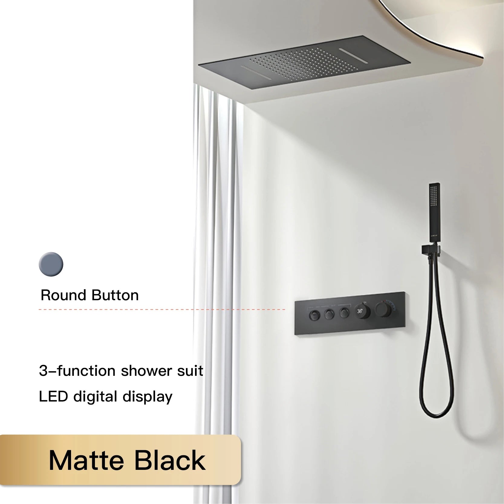 Luxury  black brass shower system wall-mounted LED digital display design Cold &amp; hot dual-control 4-function ceiling shower Tap