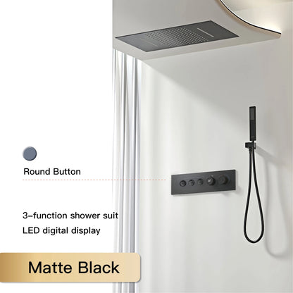 Luxury  black brass shower system wall-mounted LED digital display design Cold &amp; hot dual-control 4-function ceiling shower Tap