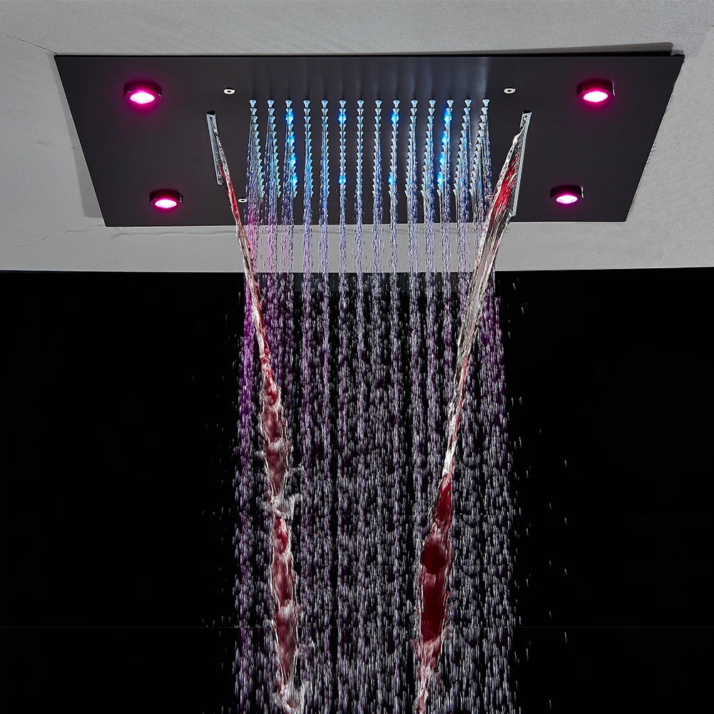 Black Thermostatic Bathroom Shower Faucet Set Remote LED Rainfall Head Faucets Crane 3 Way Concealed Embedded Hot Cold Mixer Tap