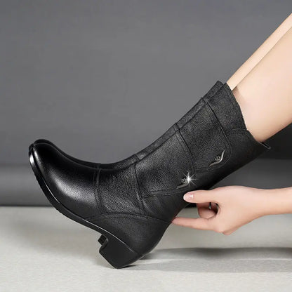 Women Mid-calf Boots Wedge-heeled Soft Leather Mother Shoes Winter Velvet Snow Women Boots Side Zipper Thick Heeled Punk Boots