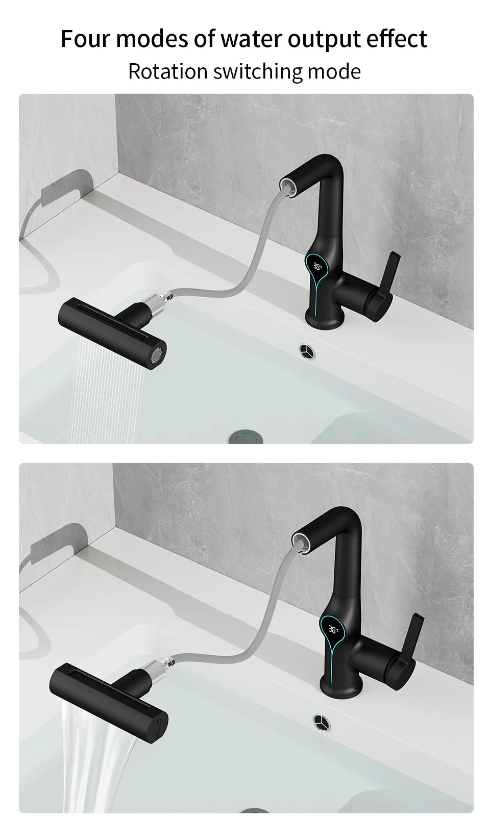 Waterfall Temperature Digital Display Basin Faucet Lift Up Down Stream Sprayer Hot Cold Water Sink Mixer Wash Tap For Bathroom