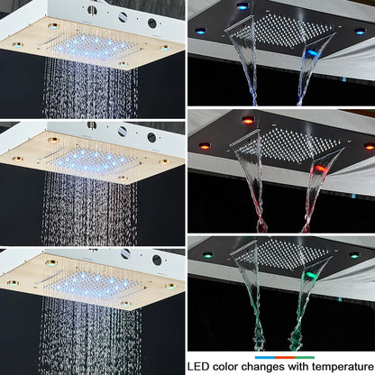 Black Thermostatic Bathroom Shower Faucet Set Remote LED Rainfall Head Faucets Crane 3 Way Concealed Embedded Hot Cold Mixer Tap
