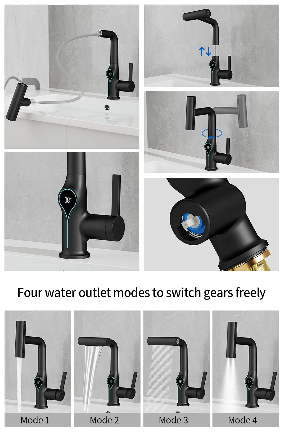 Waterfall Temperature Digital Display Basin Faucet Lift Up Down Stream Sprayer Hot Cold Water Sink Mixer Wash Tap For Bathroom