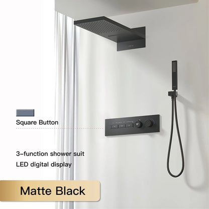 Luxury  black brass shower system wall-mounted LED digital display design Cold &amp; hot dual-control 4-function ceiling shower Tap