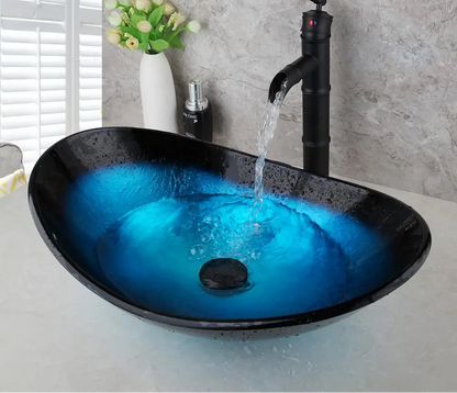 ZAPPO Tempered Glass Bathroom Vessel Sink with Waterfall Black Faucet Tap Bathroom Oval Blue Vessel Sinks Above Counter Basin