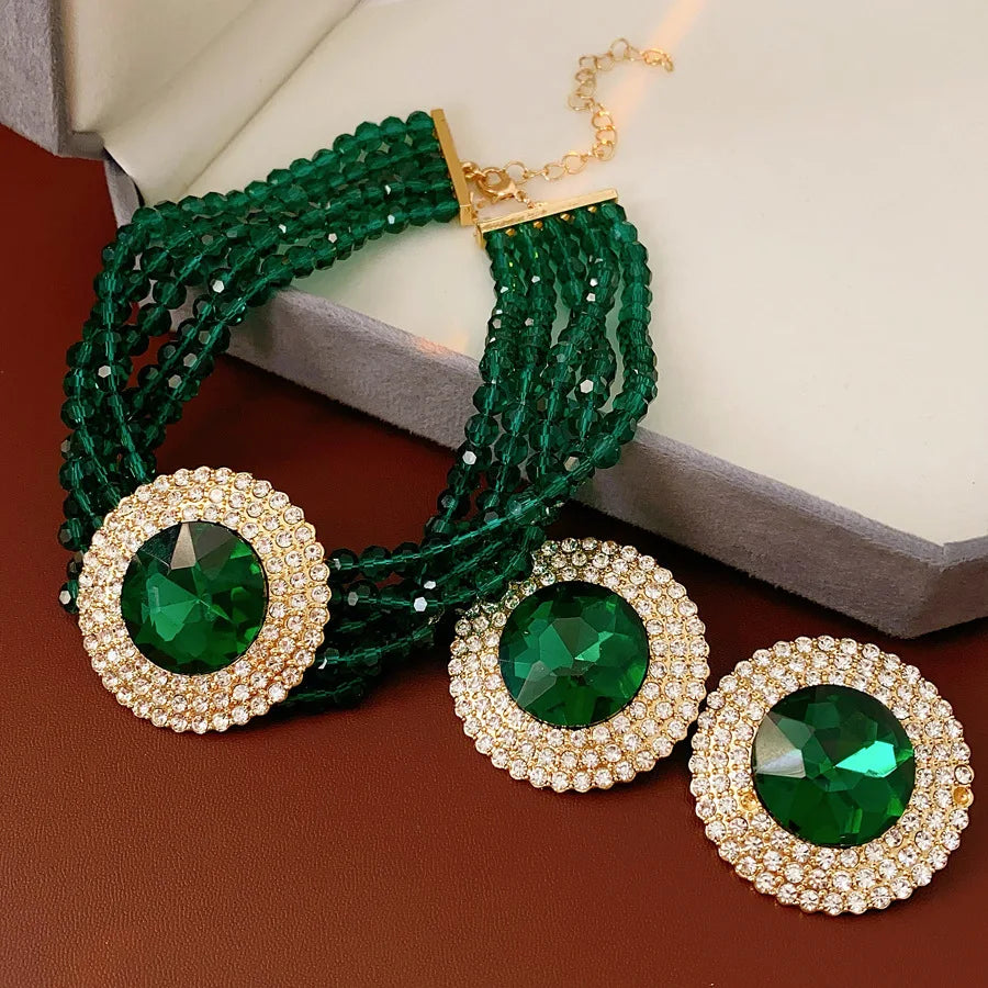 Inlaid Rhinestone Glass Round Green Jewelry Sets for Women Necklace Emerald Light Luxury Collarbone Chain Earrings Set Wedding