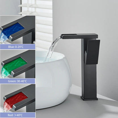 LED Bathroom Sink Faucet Brass Waterfall Faucet BlackBathroom Hot/Cold Mixer Crane Deck Mounted Wash Sink Taps Single Handle Tap