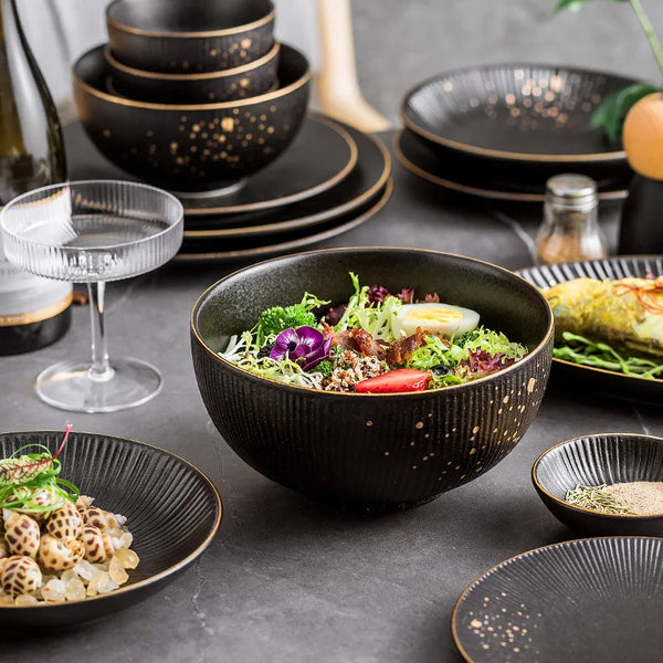 Gilt Rim Black Porcelain Dinner Plates Kitchen Dishes Ceramics Tableware Food Tray Rice Salad Noodles Bowl Cutlery Set