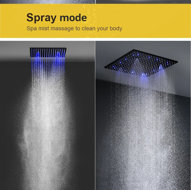 Luxury 16/20 Inch 400/500mm Rainfall Mist Spray LED Shower Head Set Constant Temperature Valve Mixer With Side Massage Jets