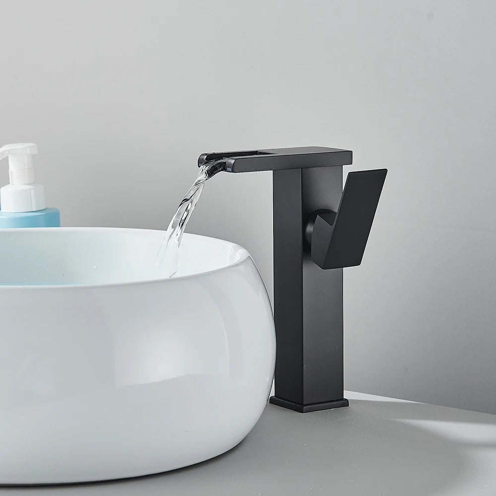 LED Bathroom Sink Faucet Brass Waterfall Faucet BlackBathroom Hot/Cold Mixer Crane Deck Mounted Wash Sink Taps Single Handle Tap