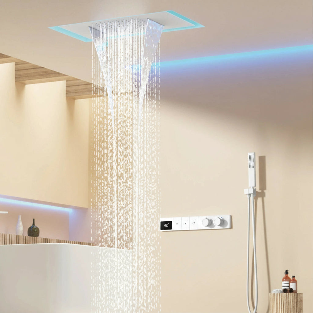 Intelligent digital display luxury white brass shower system with hidden design Dual control of hot &amp; cold Wall mounted faucet