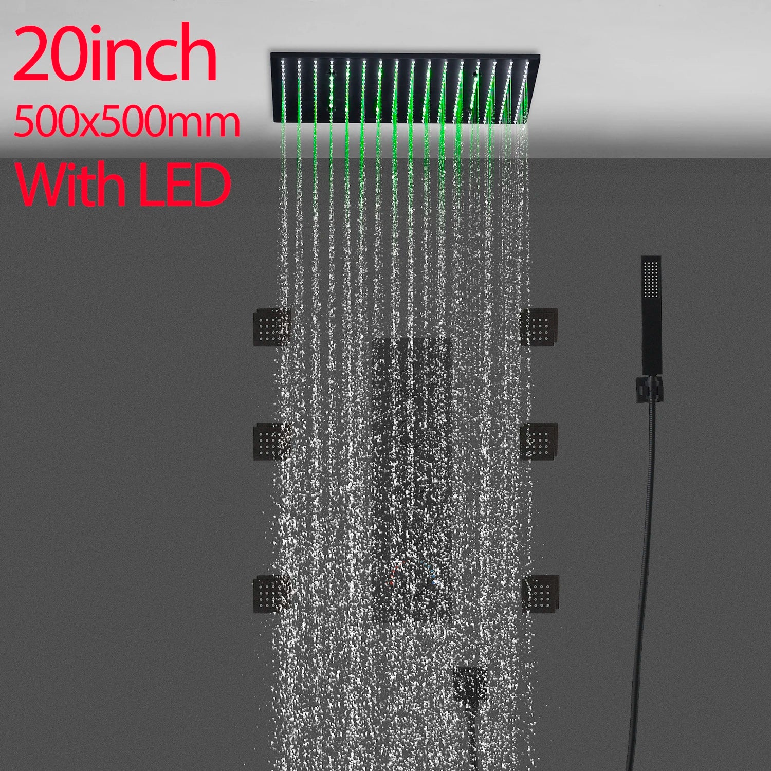 Luxury 16/20 Inch 400/500mm Rainfall Mist Spray LED Shower Head Set Constant Temperature Valve Mixer With Side Massage Jets