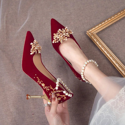 Women Red High Heel Shoes Elegant Fashion Designer Pointed Tip Fine High Heels Women Water Diamond Banquet Wedding Shoes Tacones