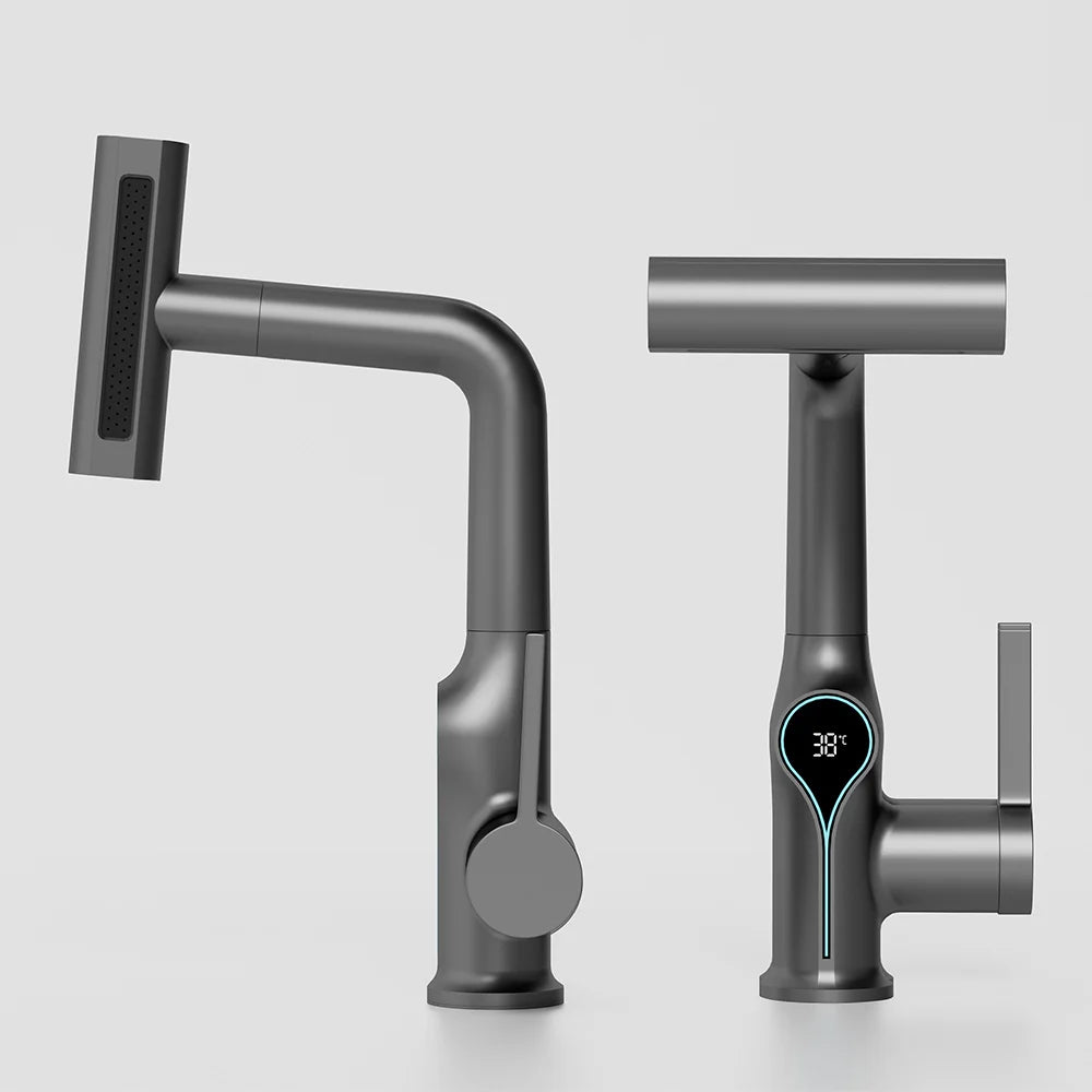 Waterfall Temperature Digital Display Basin Faucet Lift Up Down Stream Sprayer Hot Cold Water Sink Mixer Wash Tap For Bathroom