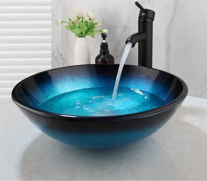 ZAPPO Tempered Glass Bathroom Vessel Sink with Waterfall Black Faucet Tap Bathroom Oval Blue Vessel Sinks Above Counter Basin