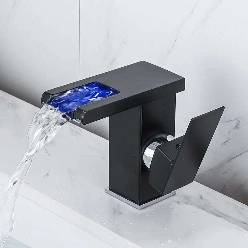 Luxury LED Black Basin Faucet Tall And Short Tap Bathroom Single Handle Cold and Hot Water Flow Produces Electricity