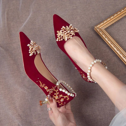 Women Red High Heel Shoes Elegant Fashion Designer Pointed Tip Fine High Heels Women Water Diamond Banquet Wedding Shoes Tacones