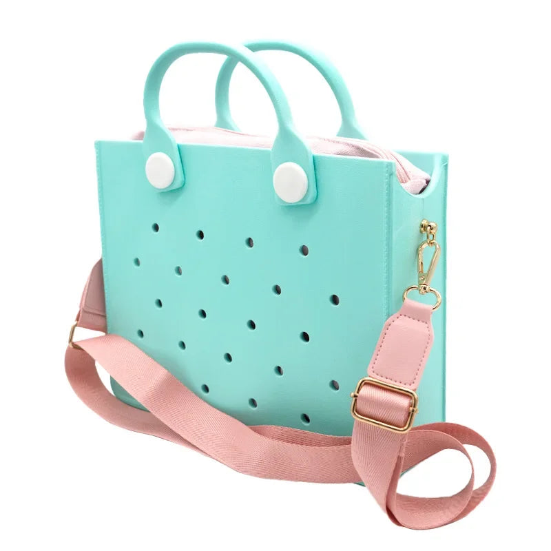 Beach Tote Travel Handbag Storage Fashion Storage EVA Large Leather Shoulder Bag for Women Casual Waterproof Bag Hole Fit Charms