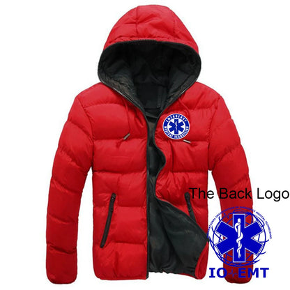 2025 Autumn Winter EMT Emergency Ambulance Print Contrast Color Design Cotton Jacket Men Casual Hooded Cold Prevention Down Coat