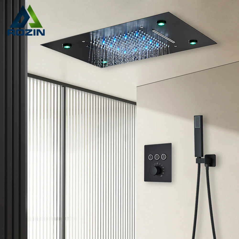 Black Thermostatic Bathroom Shower Faucet Set Remote LED Rainfall Head Faucets Crane 3 Way Concealed Embedded Hot Cold Mixer Tap