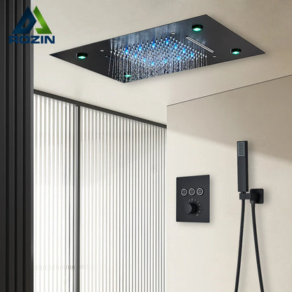 Black Thermostatic Bathroom Shower Faucet Set Remote LED Rainfall Head Faucets Crane 3 Way Concealed Embedded Hot Cold Mixer Tap