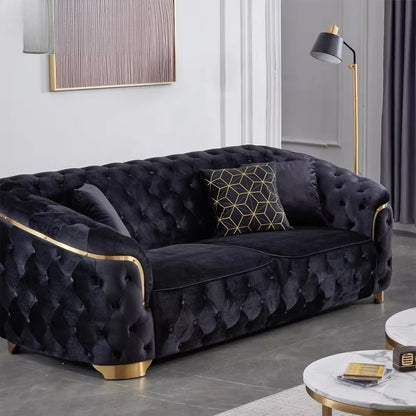 Modern luxury velvet Chesterfield Lounge sofa set with gold base and wooden legs for villa living room