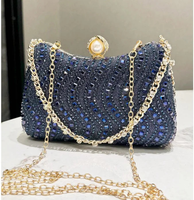 Fine Rhinestone Diamond Inlay Dinner Evening Bag Retro Luxury Gold Silver Blue Small Clutch For Women Wedding Party Shoulder Bag