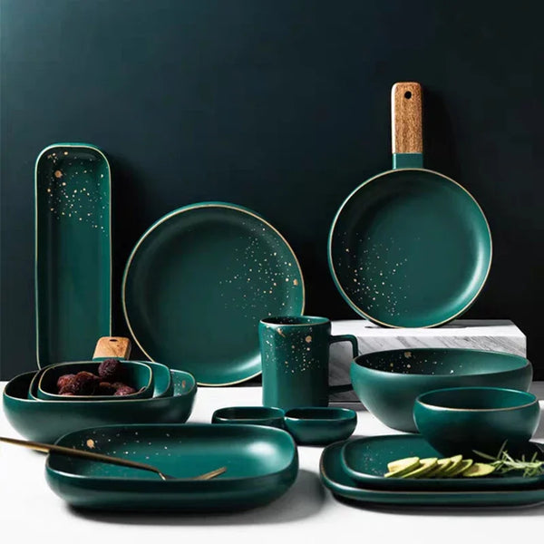 Ceramic Western plate and plate set Nordic dark green light luxury Phnom Penh steak plate rice plate soup bowl dish plate
