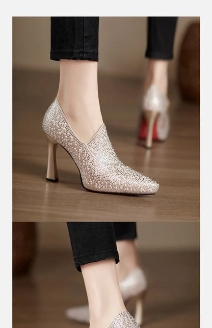 Rhinestone High Heels Shoes Sexy Pointed Toe High Heel Single Shoe Luxury Pearl Crystal Wedding Shoe Champagne Pumps Bride Shoes