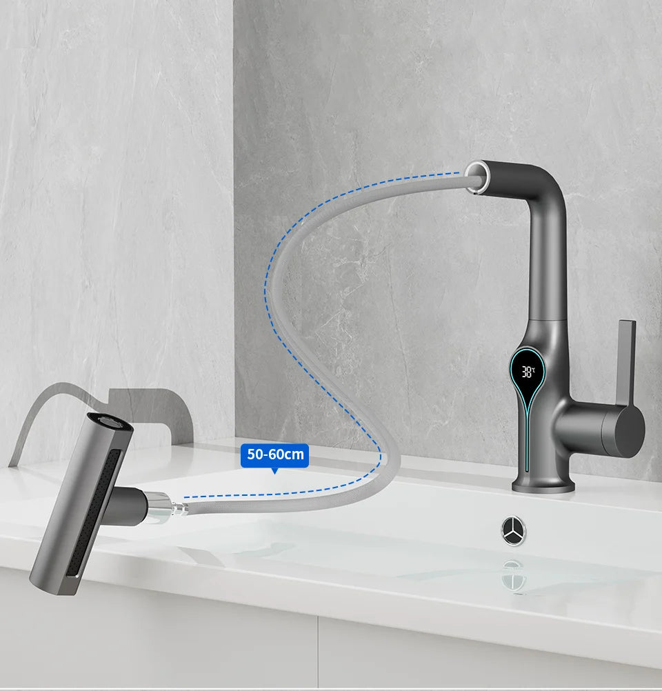 Waterfall Temperature Digital Display Basin Faucet Lift Up Down Stream Sprayer Hot Cold Water Sink Mixer Wash Tap For Bathroom