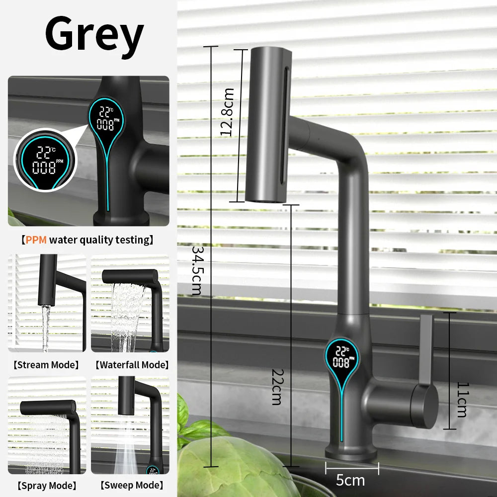 Waterfall Temperature Digital Display Basin Faucet Lift Up Down Stream Sprayer Hot Cold Water Sink Mixer Wash Tap For Bathroom
