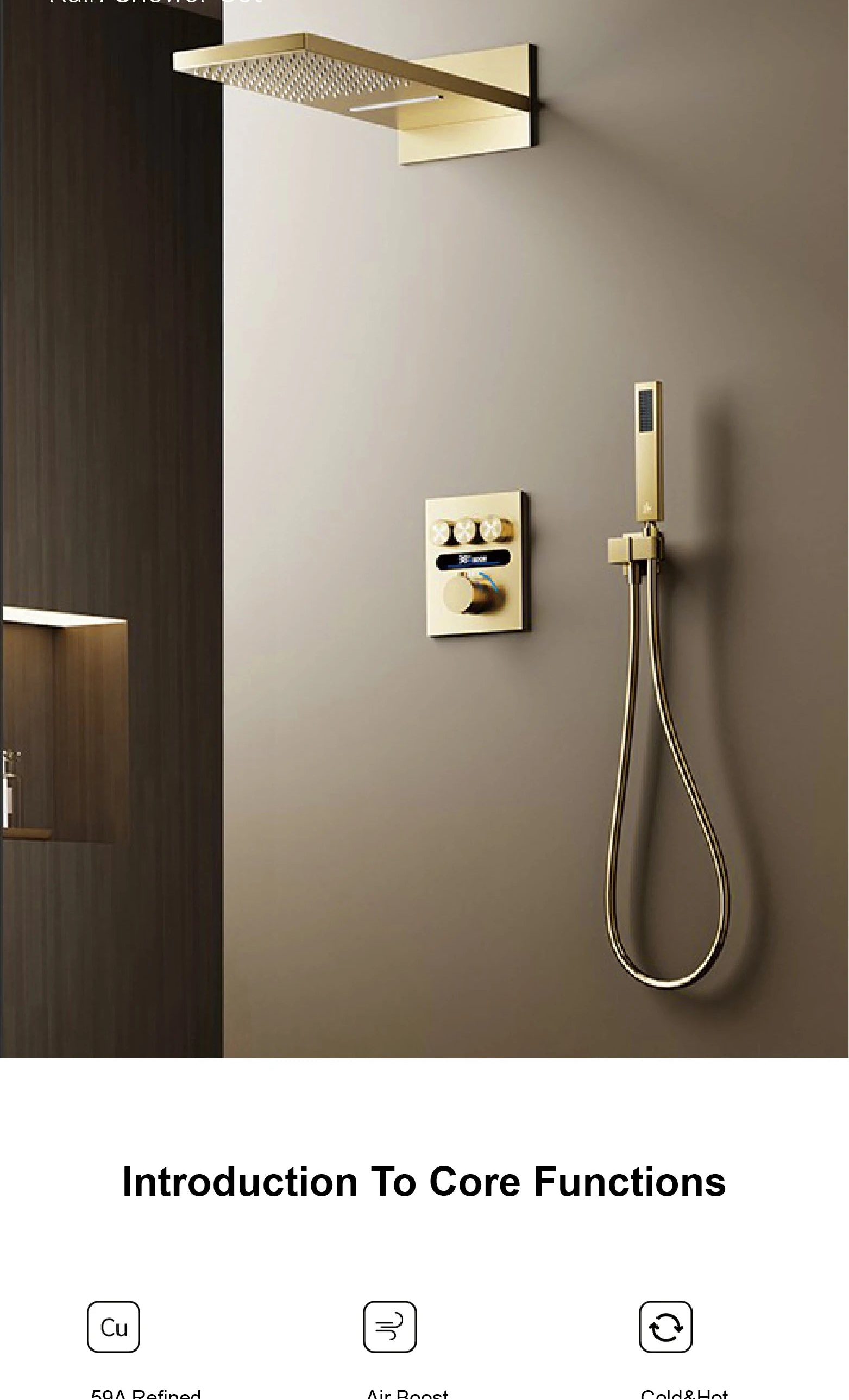 Luxury  gold LED digital display constant temperature shower system with hot&amp;cold water ceiling embedded bath Mixer