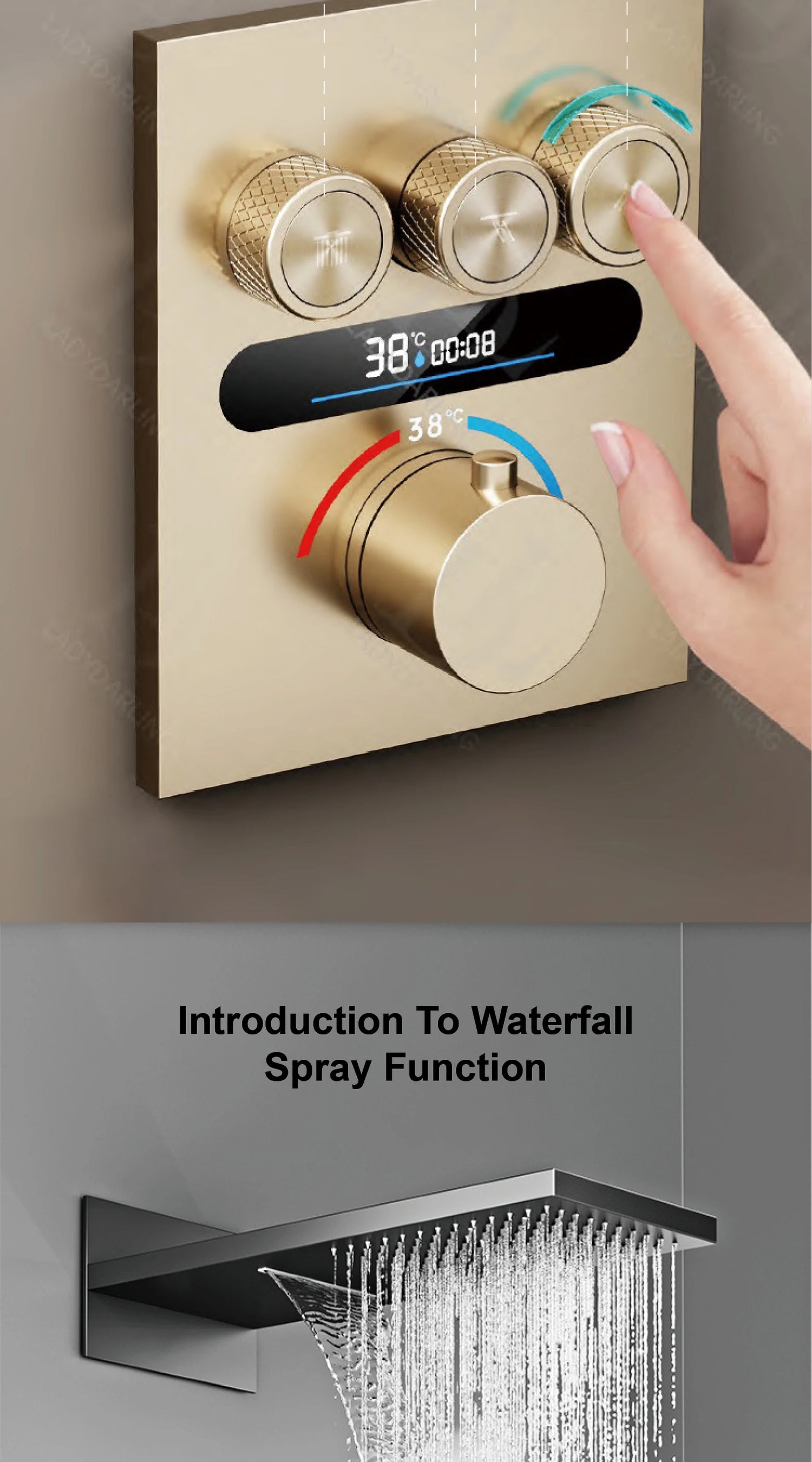 Luxury  gold LED digital display constant temperature shower system with hot&amp;cold water ceiling embedded bath Mixer