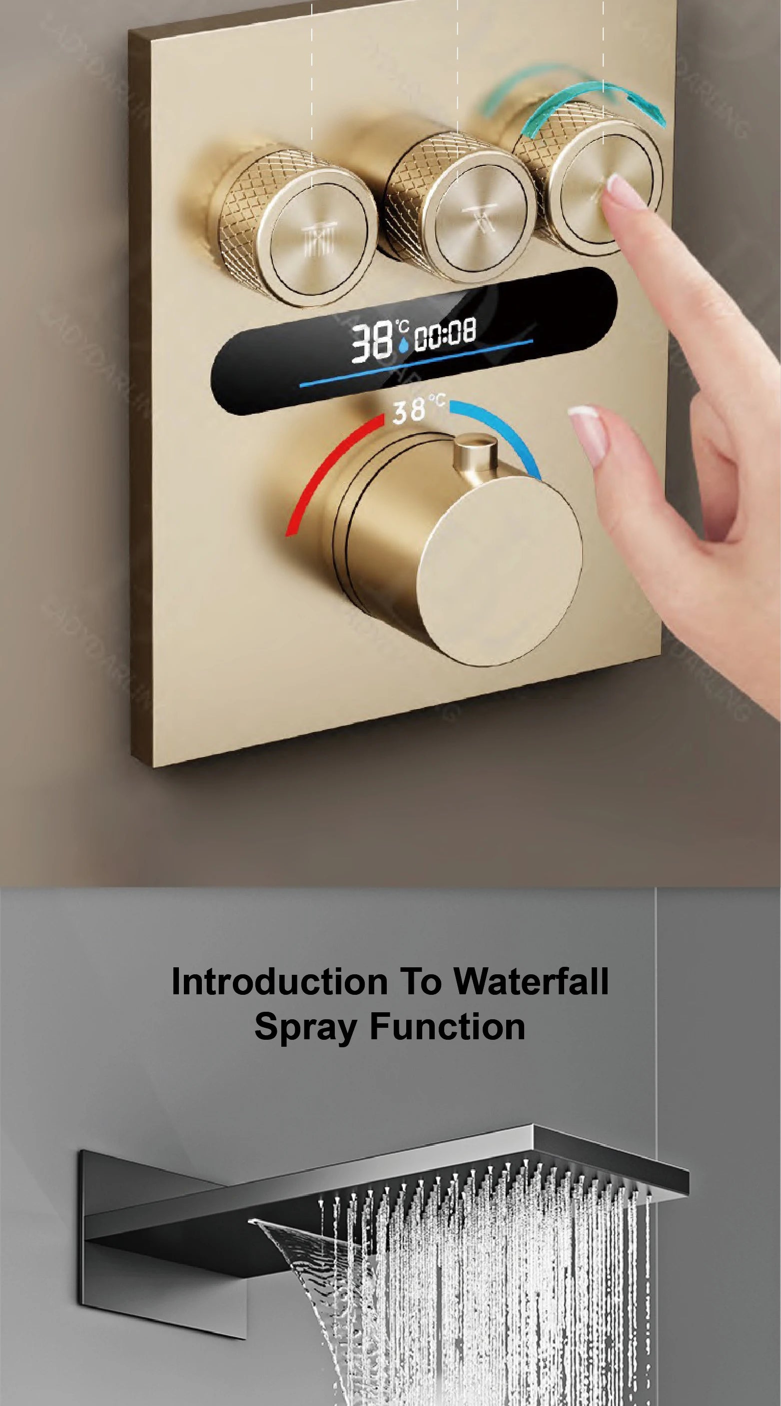 Luxury  gold LED digital display constant temperature shower system with hot&amp;cold water ceiling embedded bath Mixer