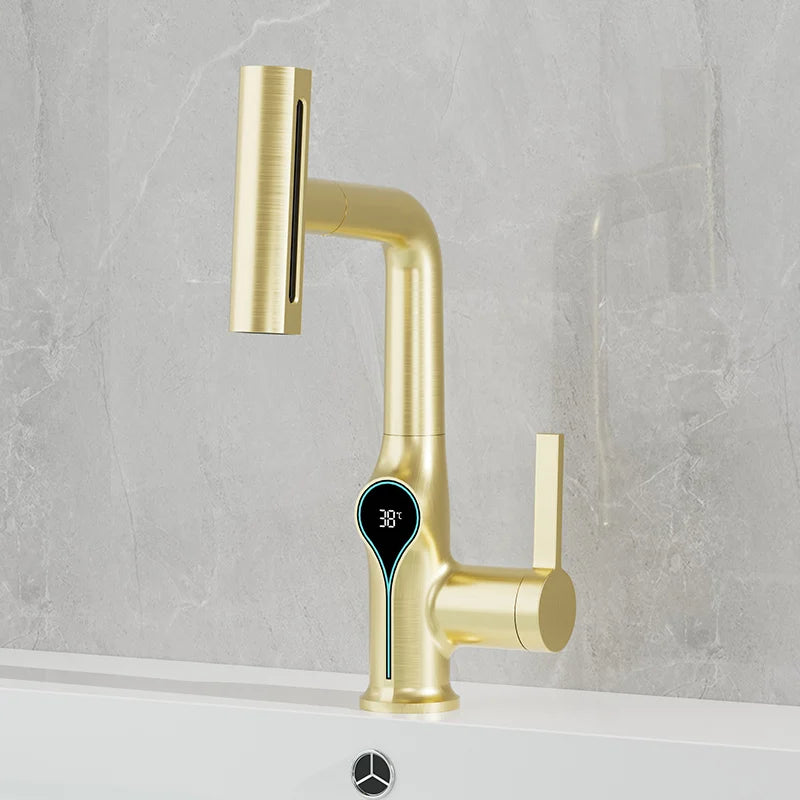 Waterfall Temperature Digital Display Basin Faucet Lift Up Down Stream Sprayer Hot Cold Water Sink Mixer Wash Tap For Bathroom