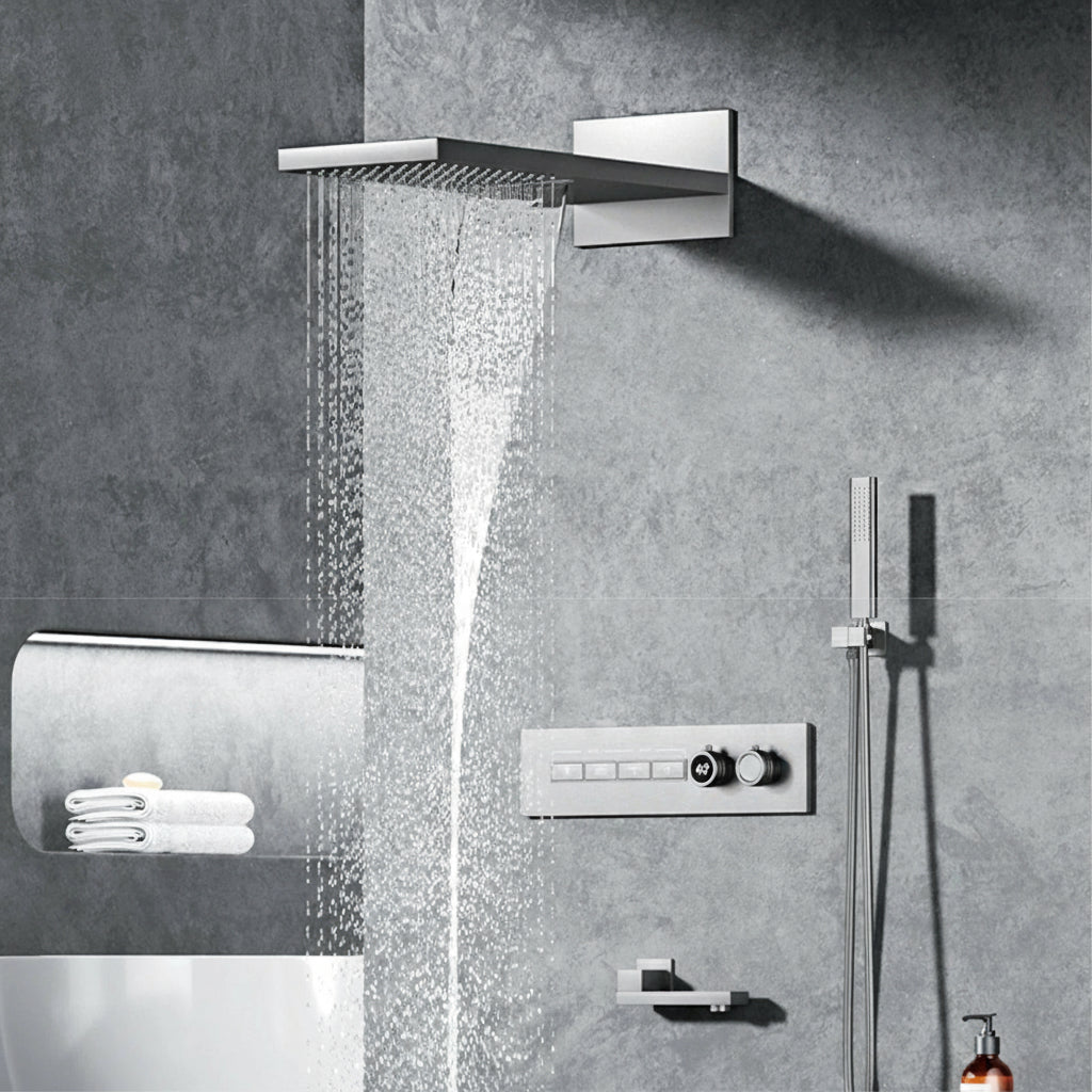 Luxury  black brass shower system wall-mounted LED digital display design Cold & hot dual-control 4-function ceiling shower Tap