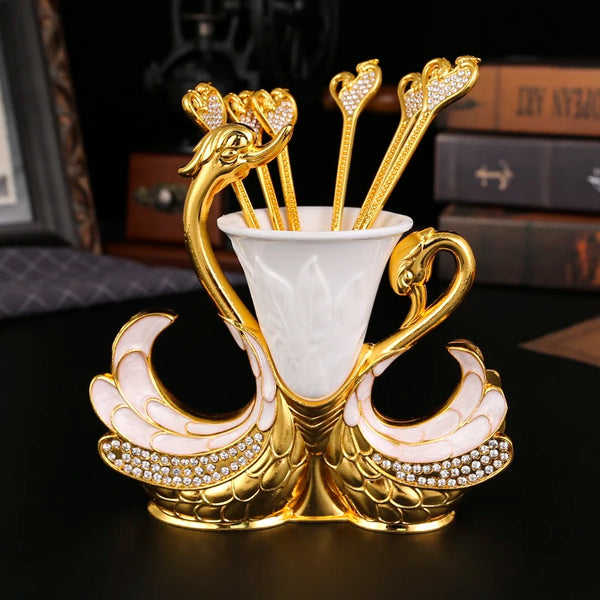 A swan shaped fruit fork and spoon set, a bucket rack 6 spoons or forks, suitable for drinking coffee, eating dessert, fruit use