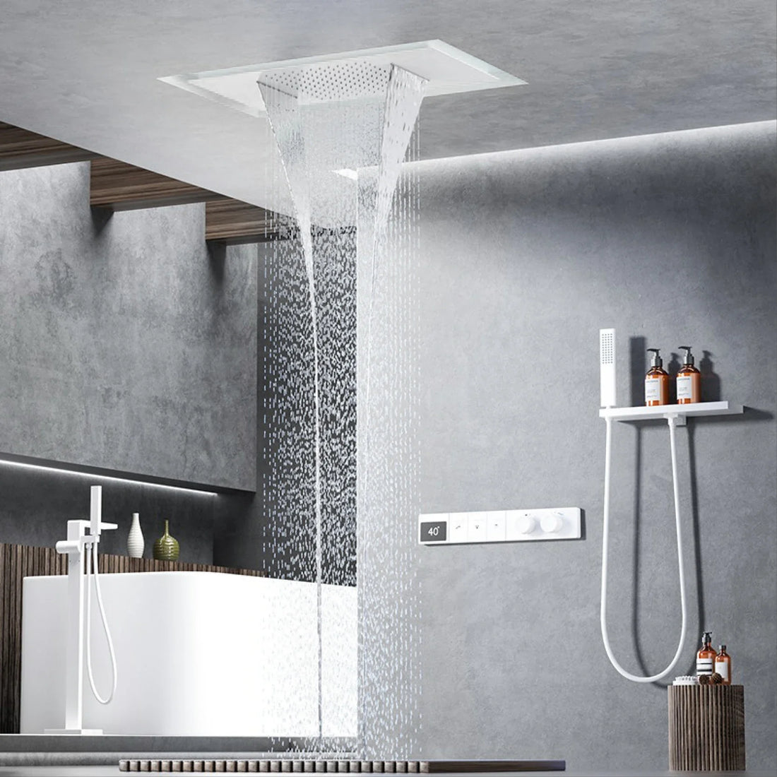 Luxury brass gun gray ceiling constant temperature shower system LED digital display hot and cold water embedded bathroom faucet