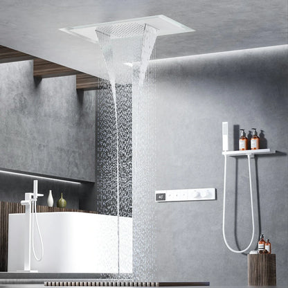 Luxury brass gun gray ceiling constant temperature shower system LED digital display hot and cold water embedded bathroom faucet