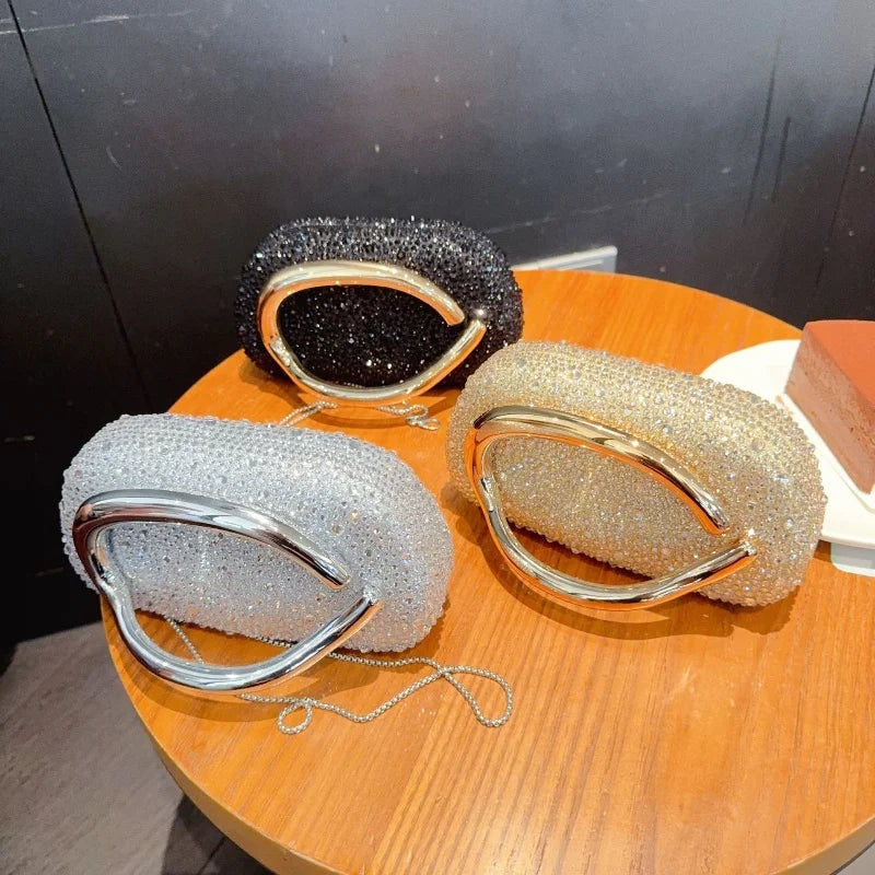 Stylish Golden Metal Handle Evening Clutch Bags for Women Elegant Luxury Shiny Diamond Studded Wedding Party Purse Shoulder Bags